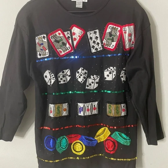 Vintage Cedars Sequin and Beaded Vegas Casino Cotton Sweater Size L - Picture 3 of 9